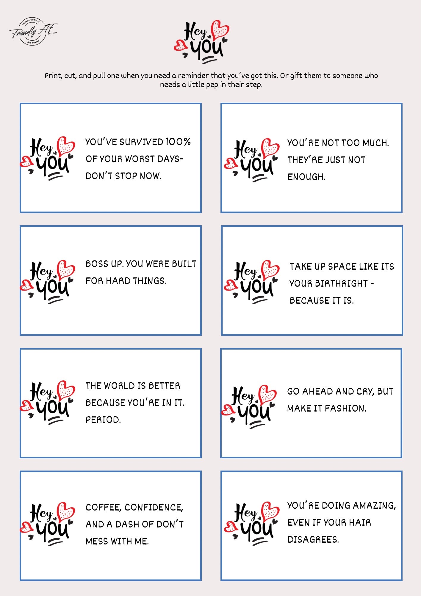 Hey You Pep Talk Cards Digital Download | 30 Cards | Instant Positivity Boost